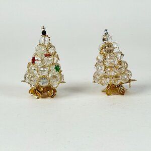 Crystal Glass 2 Christmas Trees With Gold Accents & Floral Details Elegant Holid